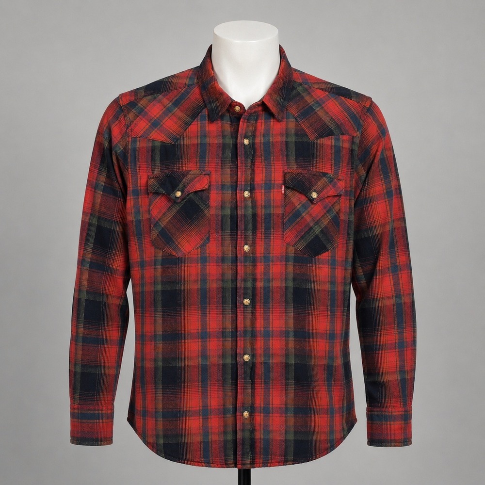 Levis Western Shirt Mens L Red Plaid Excellent Flannel Snap Button Long Sleeve
